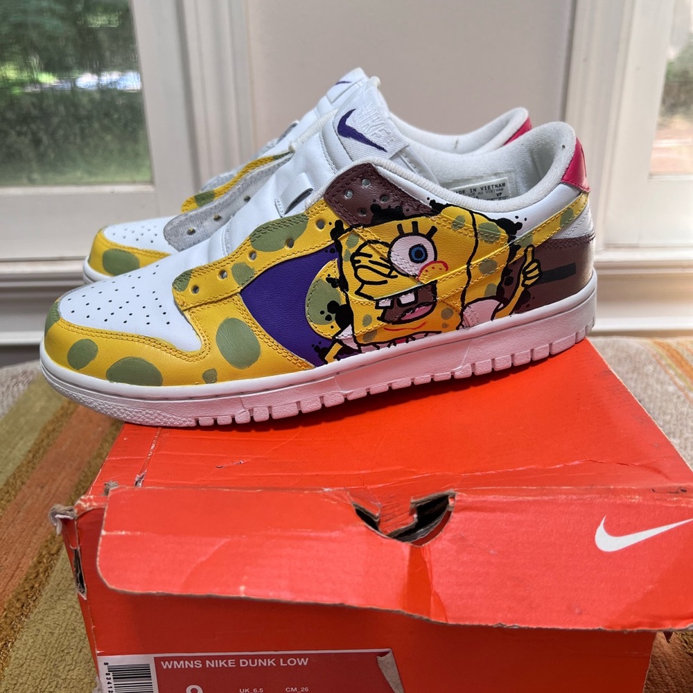 Customized Never Worn Nike Dunk Low Yellow and White SpongeBob Sneakers